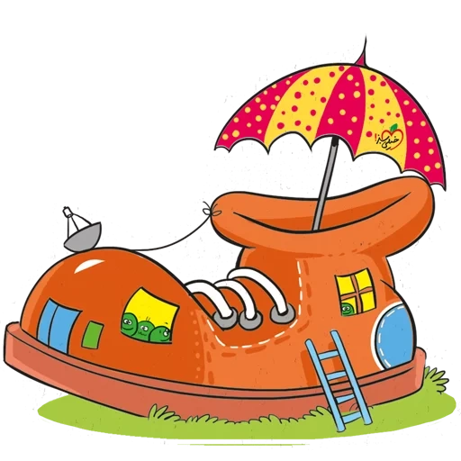 illustration, cartoon house, shoes house drawing, bumper car drawing, fairytale house form of a boot
