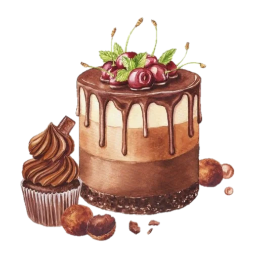 сладкий торт, десерты торты word, тортик вишней акварель, шоколадные подтеки торте, торт акварель белом фоне