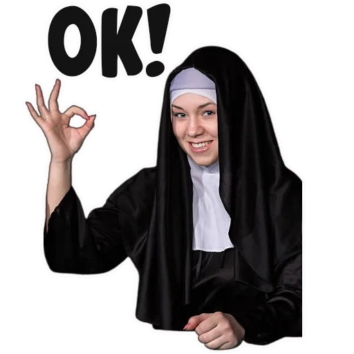 nonne, nonne, moshaka mit einem weißen hintergrund, die nonne zeigt den finger hoch