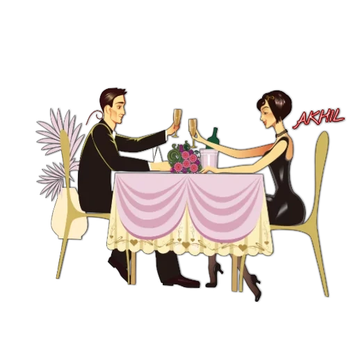 sepasang kedai kopi, restoran pasangan, pembawa makan malam romantis, makan malam romantis dengan latar belakang putih, ilustrasi makan malam romantis