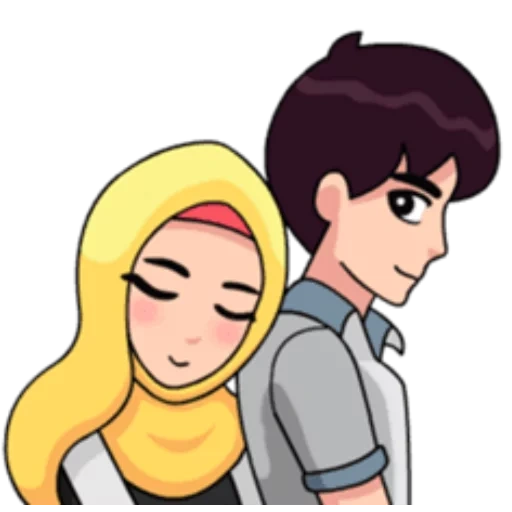 anime, junge frau, hijab cartoon, muslimisches paar, muslimische familie des anime
