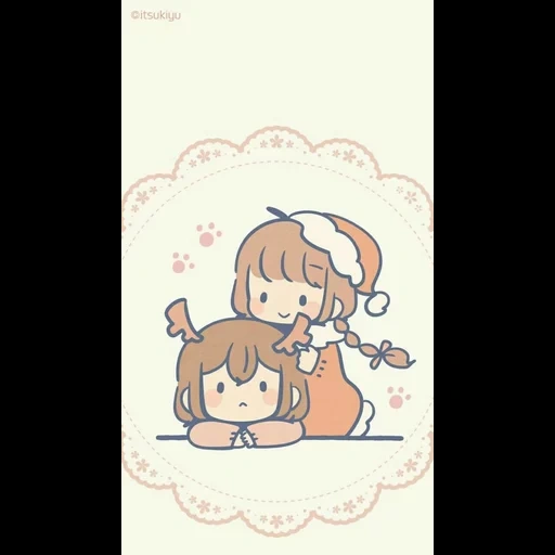 figure, cartoon cute, anime picture, red cliff embraces each other, cartoon cute pattern