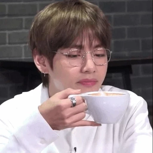 kim tae-hyun, taehyung bts, bts taiheng meme, taiheng is drinking tea, jin taiheng barista