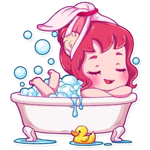 baignoire, mignon, filles, elle est mignonne, salle de bain de dessin animé