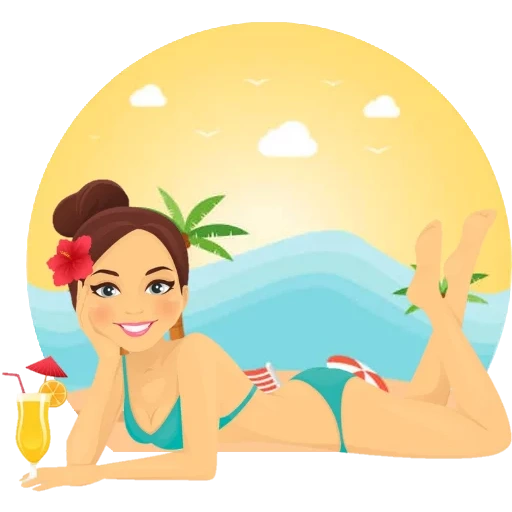 девушка пляже контур, женщина пляже рисунок, мультяшная девочка пляже, девушка пляже лежит фруктами рисованный