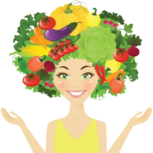 женщина, иллюстрация, лицо девушки овощах, вектор женщина овощи, девушка овощами фруктами