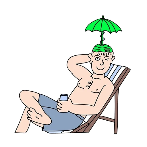 a man is lying on a couch under an umbrella