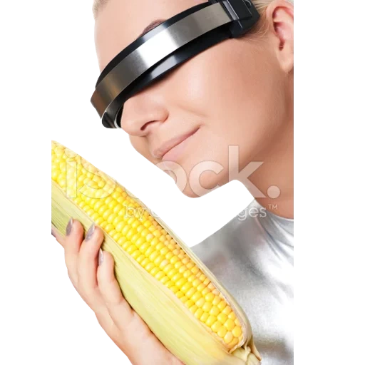 human, corn meme, this meme of the future, cyber woman with corn, meme of the future about corn