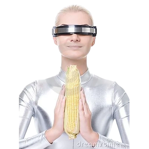 mulher, humano, óculos cibernéticos, mulher cibernética com milho, a imagem de uma pessoa do futuro