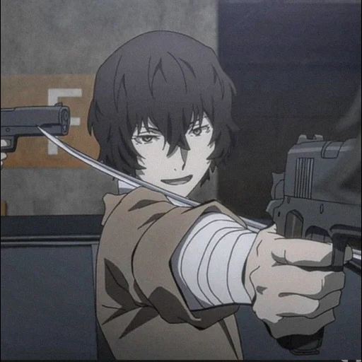 dazai, osamu dadzai, anime characters, dadzai osamu with a pistol, dazai shoots a pistol which series