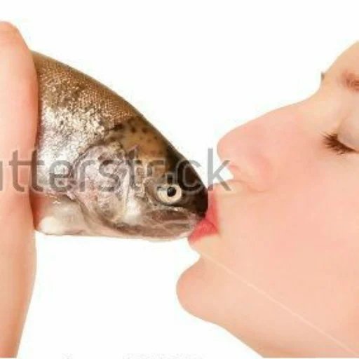 fresh fish, lip fish, fish kiss, talking fish, a girl with fish in her mouth