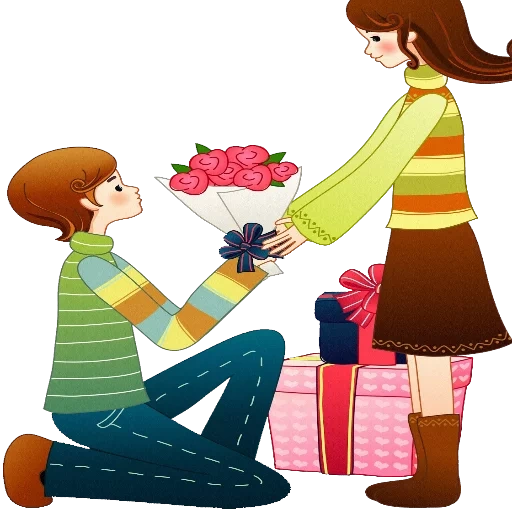 cute cartoon, рисунок подроск парочка, подарок рисунок романтичный, иллюстрация парочка подарком, два цветка влюблены мультяшные