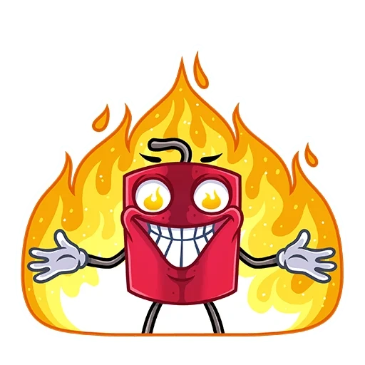 explosivos, fuego malvado, diablo de dibujos animados, sonrisa de fuego de arte