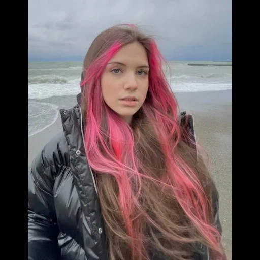 i capelli, la ragazza, rombi rosa, capelli lunghi, capelli rosa