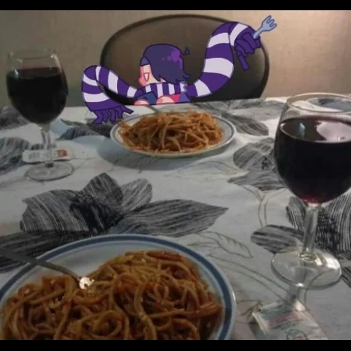 dîner, chat, rendez-vous au restaurant, chat spaghetti, je suis sur un dîner qu'est-ce que je dis