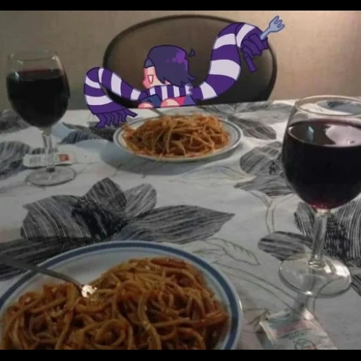 abendessen, katze, abend verabredung, spaghetti katze, ich bin an einem abendessen was sage ich