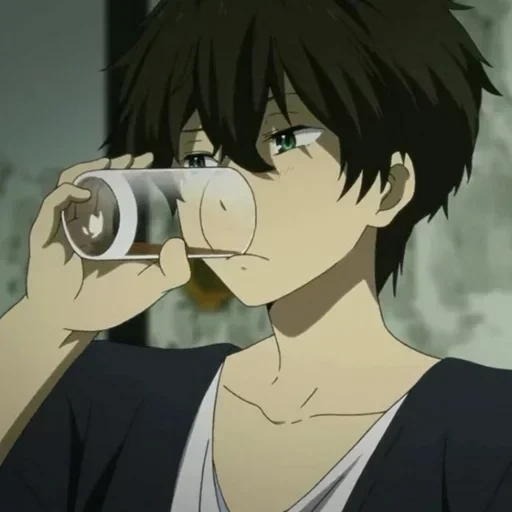 bild, trauriger anime, anime charaktere, das kind trinkt wasseranime, khotaro oreki anime kaffee