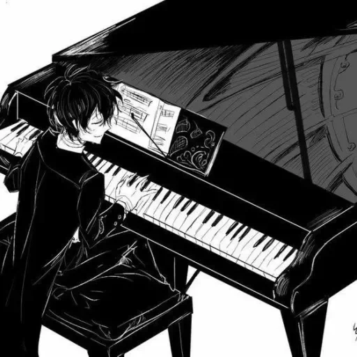 anime boy, anime comics, anime in bianco e nero, arte giovane pianista, anime fidanzato pianista