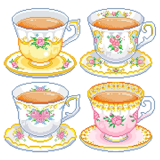 tasse de thé, tasse de thé, thé à pixel, dessin animé, croix à broder les tasses à thé