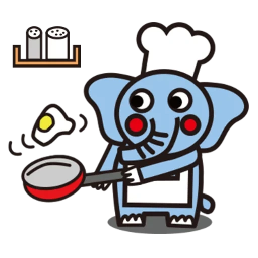 cook, chef, mascot, cartoon style, artículos sobre la mesa