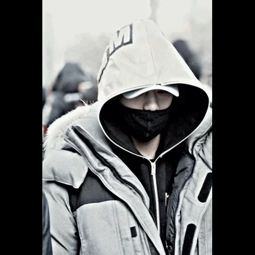 human, with a hood, two hoods, jacket with a hood, the face under the hood