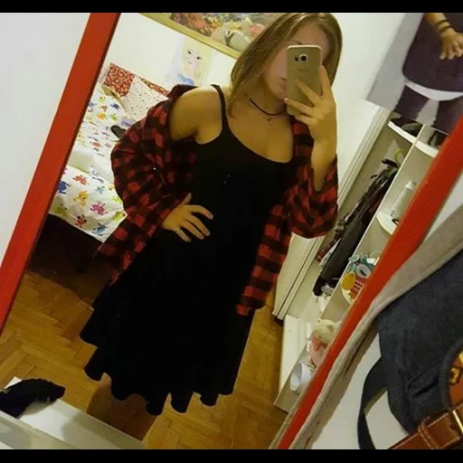 autoscatto, ragazze, giovane donna, vestito nero, ragazze grandi