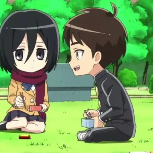 ataque dos titãs, personagens de anime, ataque dos titãs chibi tudo, mikasa ackerman junior high, invasão do ensino médio