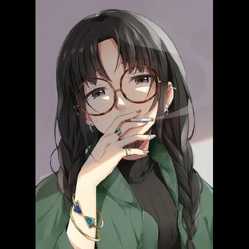 anime, picture, anime girls, anime girl with glasses, anime girl with a cigarette