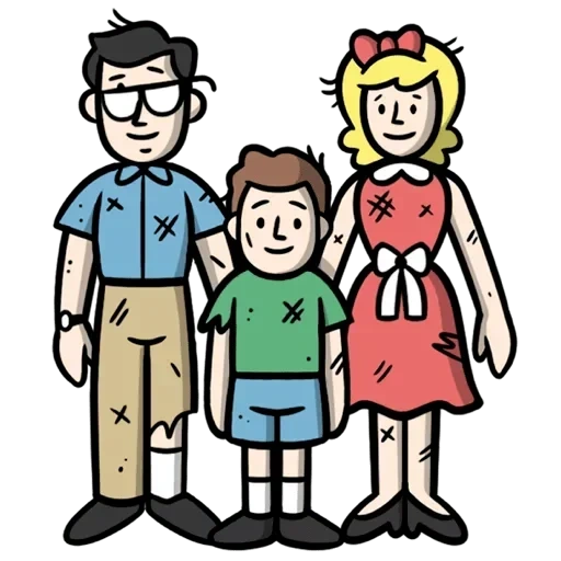 fallout, carte de famille, déplacement émotionnel, cartoon family