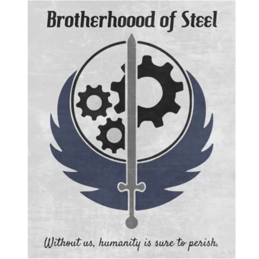 badge de la fraternité de l'acier, iron brotherhood radiation, fraternité de l'acier radiation 4, fallout brotherhood steel, logo de la confrérie de l'acier de plot
