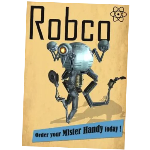 robots, robot à turbine, affiche style follaut, l'assistant du robot est mal placé, robot follaut mr handy