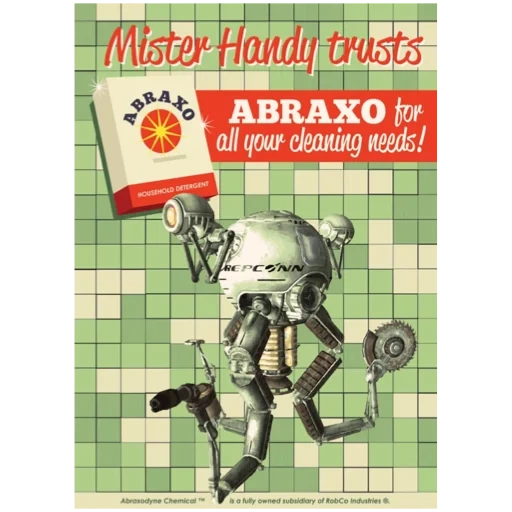 robot caduta, il robot aiuta fallut, robot caduto signor handy, fallut mr assistente, mr handy fallout poster