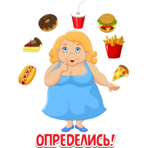 gros, grosse fille, essayez de perdre du poids, cartoon girl avec de la nourriture