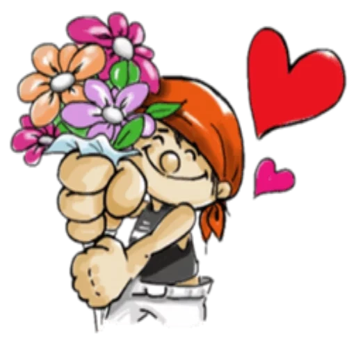 clipart, children give flowers, the boy gives flowers, the cartoon gives flowers, the cartoon girl hugs