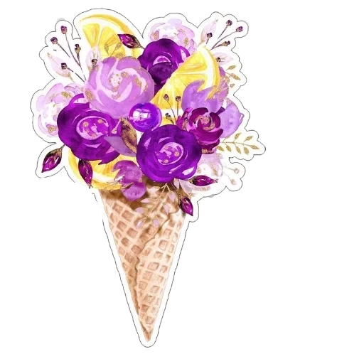 цветы, цветы рожке, акварельное мороженое, мороженое иллюстрация, шарик мороженого акварель