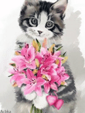 un chat est un bouquet, un chat dans un bouquet, chaton avec des fleurs, fleur grise du chaton, artiste numérique lorry kajenna kayenna