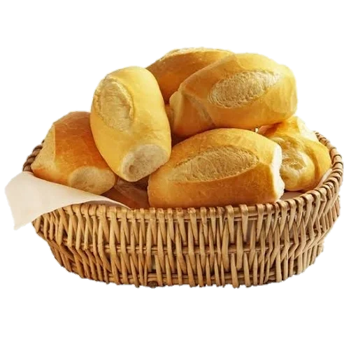 bollos de pan, canasta con bollos, pasteles de canasta, productos de panadería, bulls en la canasta con fondo blanco