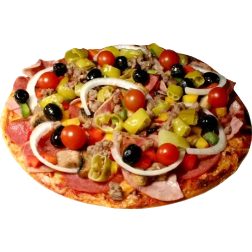 comida de pizza, vegetales de pizza, pizza de fruta, pizza surtida con aceitunas, pizza tomates aceitunas fondo blanco