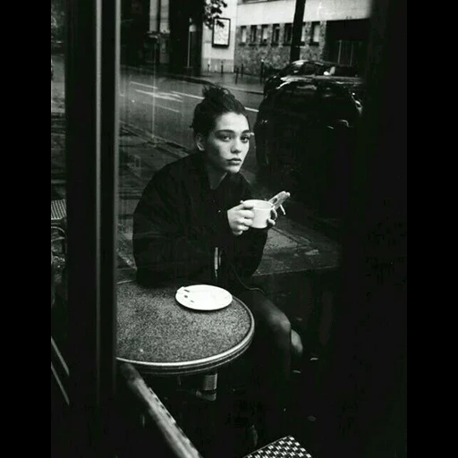 darkness, coffee shop in the 20th century, girls cafe cb, black and white photograph, bob dylan world gone wrong