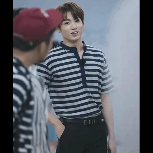 zheng zhongguo, jungkook bts, bangtan boys, bts quanzhongguo style, jeon chung kwok striped shirt