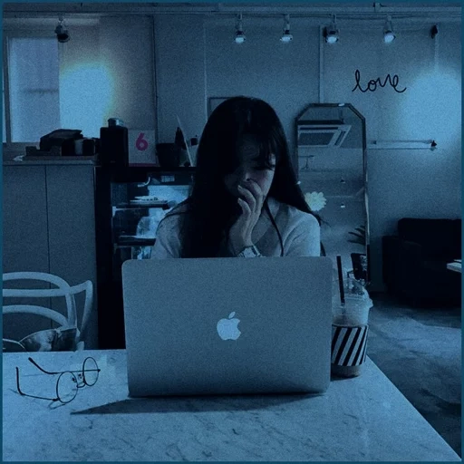 feminino, escuridão, menina, chefe, estética da menina em frente ao computador