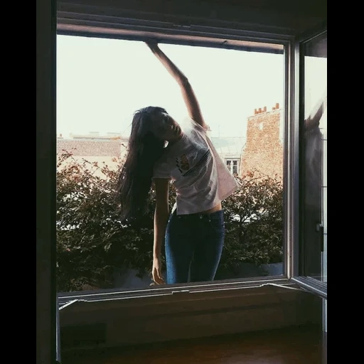 finestra, donna, umano, le mie finestre, allungamento dell'allenamento