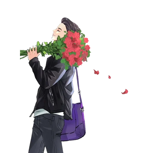 homme aux fleurs, un homme avec un bouquet de roses, un genou d'un homme avec un bouquet, fleurs de chevalier, un homme tient un bouquet de fleurs