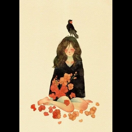 рисунок, женщина, иллюстрации, иллюстрации девушек, девочка обнимает ворону