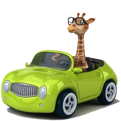 жираф машине, веселый жираф, жираф белом фоне, жираф кабриолете, мультяшный жираф автомобиле