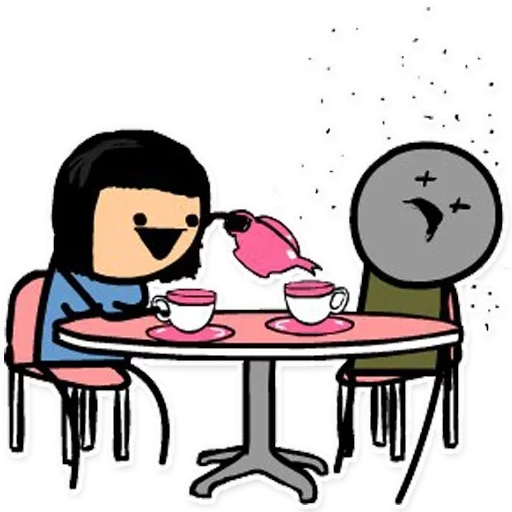 el tercero es superfluo, felicidad de cianuro, artículos sobre la mesa, chica bebiendo té, chico es una chica sobre la mesa