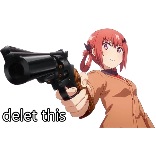 pistolet d'anime, gabriel dropout, satania kurumizava, satania avec un revolver, gabriel dropout satania