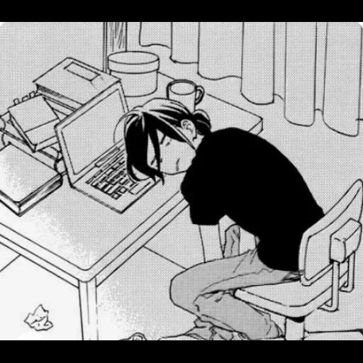 figure, cartoon animation, sad animation, popular comics, the girl sitting behind the cartoon computer