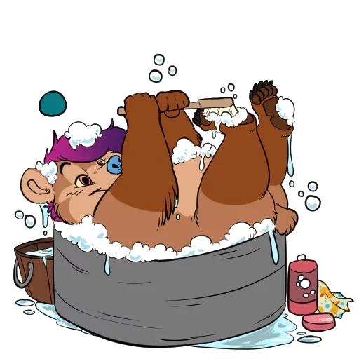 кот, медведь, медведь ванне, мультяшный медведь, иллюстрация медведь