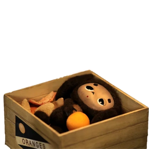 cheburashka box, cheburashka orangen, kiste mit orangen cheburashka, cheburashka box orangen, cheburashka wurde orangen in einer schublade gefunden